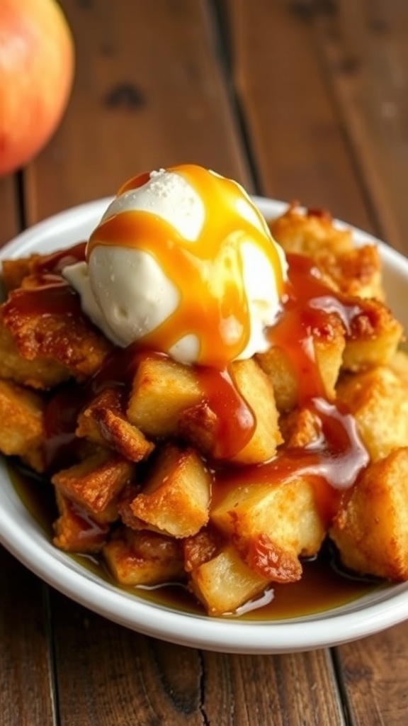 A delicious apple cinnamon bread pudding served warm with ice cream and caramel sauce on a rustic table.